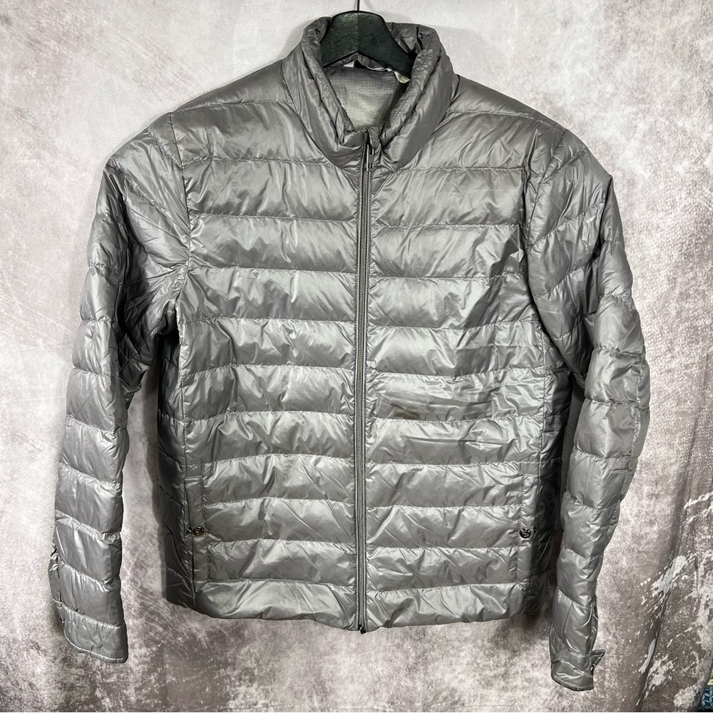 BMW Womens Jacket Large Grey Silver Down Puffer Lightweight Full Zip